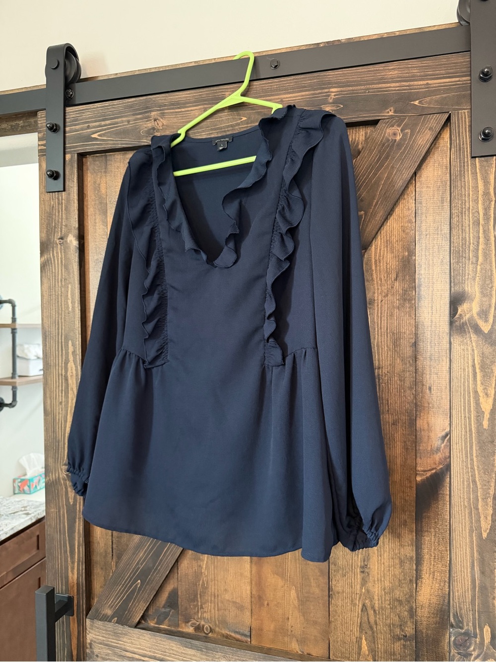 Ann Taylor Navy Ruffle V-Neck Long Sleeve Blouse